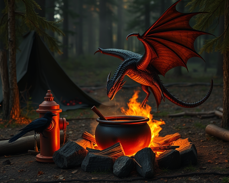 campfire, fire hydrant, dragon, raven, cauldron, feather